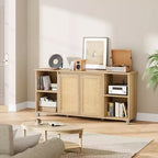 Mueble de TV Bohemio de 70" para Sala de Estar - Centro de Entretenimiento con 2 Puertas de Ratán y 4 Estantes Abiertos, Consola Multimedia con Almacenamiento para Dormitorio