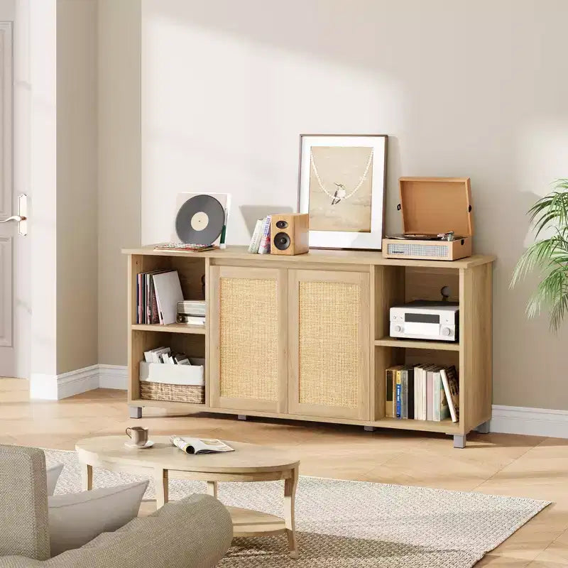 70 Boho TV Stand for Living Room - Entertainment Center with 2 Rattan Doors & 4 Open Shelves, Media Console with Storage for Bedroom
