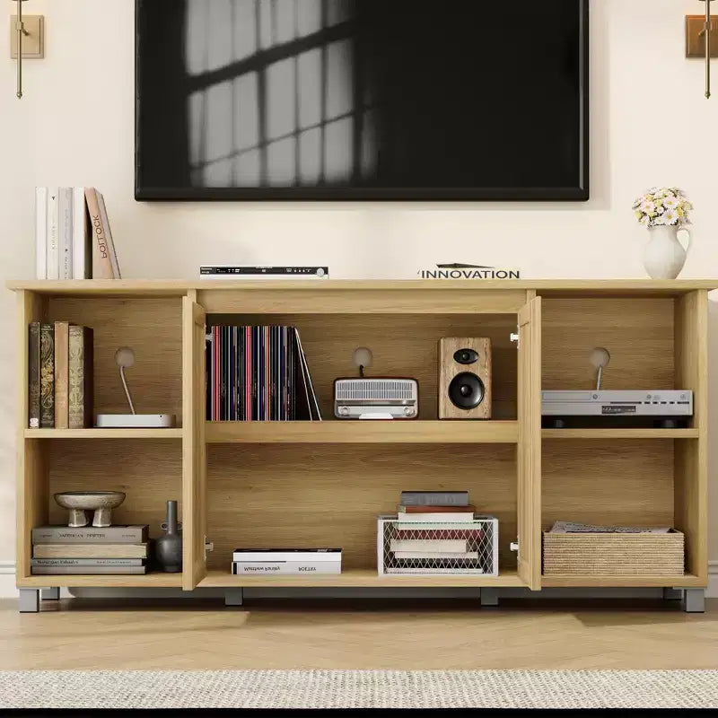 70 Boho TV Stand for Living Room - Entertainment Center with 2 Rattan Doors & 4 Open Shelves, Media Console with Storage for Bedroom
