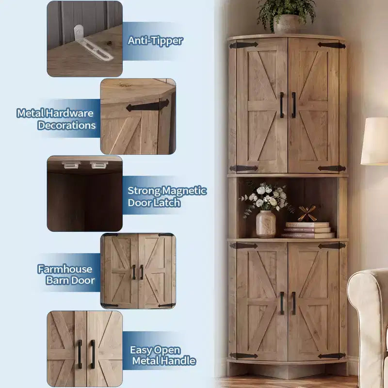 Mueble esquinero de granja de 65 pulgadas, mueble de despensa de cocina de madera con estantes ajustables, aparador independiente para cocina, sala de estar, blanco