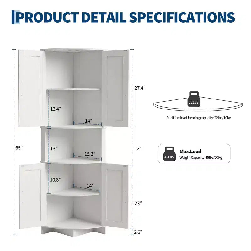 Mueble esquinero de granja de 65 pulgadas, mueble de despensa de cocina de madera con estantes ajustables, aparador independiente para cocina, sala de estar, blanco