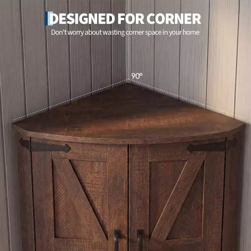 65 Farmhouse Corner Cabinet, Wood Kitchen Pantry Cabinet with Adjustable Shelves, Freestanding Buffet Hutch Cabinet for Kitchen, Living Room, White