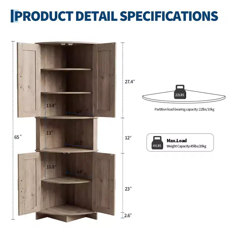 Mueble esquinero de granja de 65 pulgadas, mueble de despensa de cocina de madera con estantes ajustables, aparador independiente para cocina, sala de estar, blanco