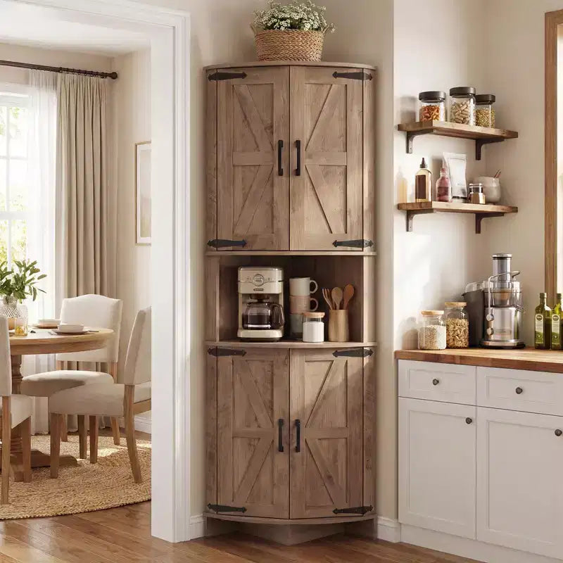 65 Farmhouse Corner Cabinet, Wood Kitchen Pantry Cabinet with Adjustable Shelves, Freestanding Buffet Hutch Cabinet for Kitchen, Living Room, White