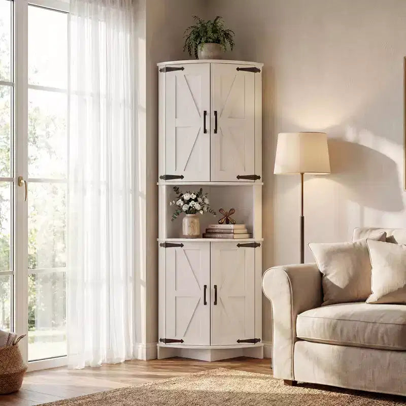 65 Farmhouse Corner Cabinet, Wood Kitchen Pantry Cabinet with Adjustable Shelves, Freestanding Buffet Hutch Cabinet for Kitchen, Living Room, White