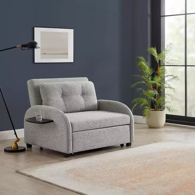 Cama convertible en mesa Twin Woven de poliéster, con estructura de madera negra y mesa-bandeja, gris: diseño multifuncional, fácil movilidad