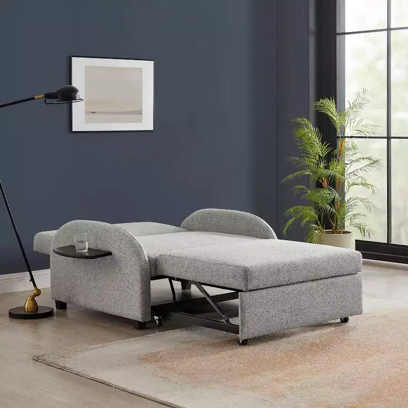 Cama convertible en mesa Twin Woven de poliéster, con estructura de madera negra y mesa-bandeja, gris: diseño multifuncional, fácil movilidad