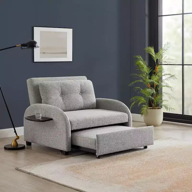 Twin Woven Polyester Fabric Black Wood Frame and Tray Table Convertible Bed Gray: Multifunctional Design, Easy Mobility