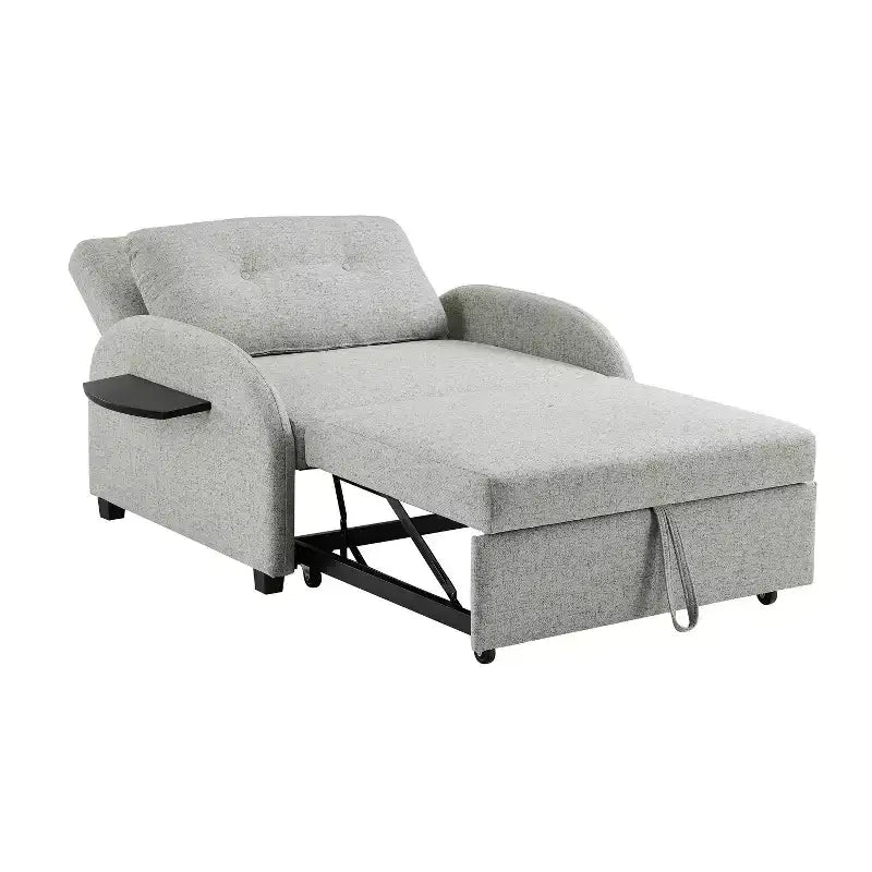 Twin Woven Polyester Fabric Black Wood Frame and Tray Table Convertible Bed Gray: Multifunctional Design, Easy Mobility