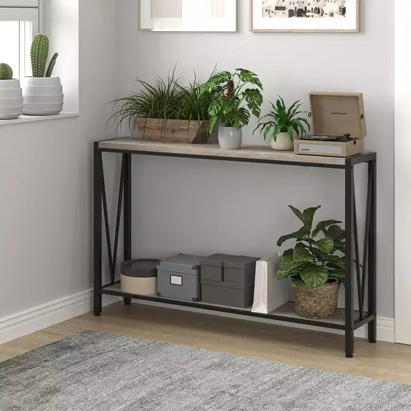 Mesa auxiliar de sofá estrecha de 2 niveles, mueble de entrada premium, 109 x 25 x 76 cm (gris)
