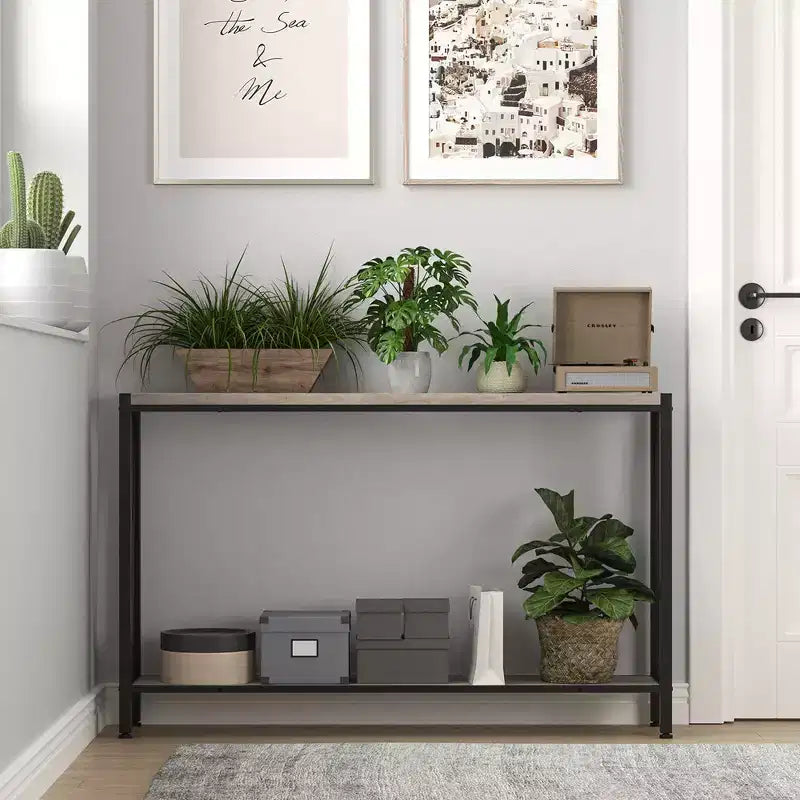 Mesa auxiliar de sofá estrecha de 2 niveles, mueble de entrada premium, 109 x 25 x 76 cm (gris)