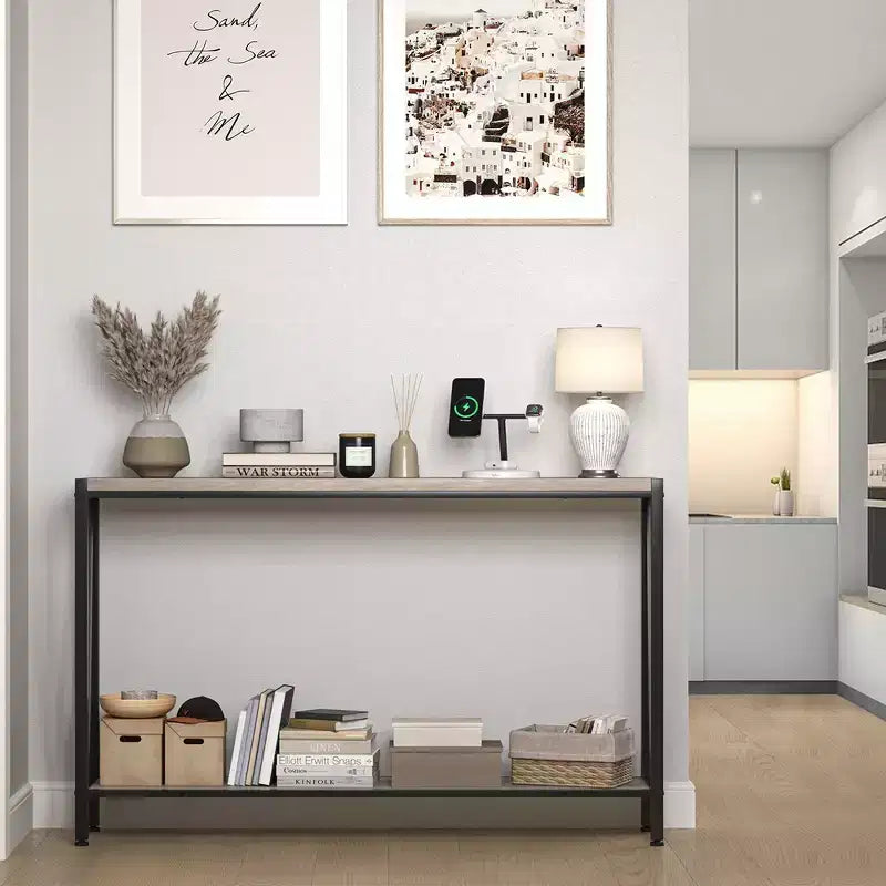 Mesa auxiliar de sofá estrecha de 2 niveles, mueble de entrada premium, 109 x 25 x 76 cm (gris)