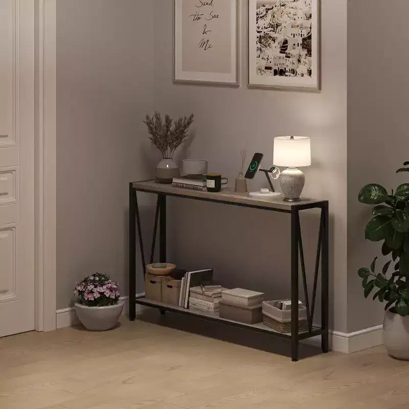 Mesa auxiliar de sofá estrecha de 2 niveles, mueble de entrada premium, 109 x 25 x 76 cm (gris)