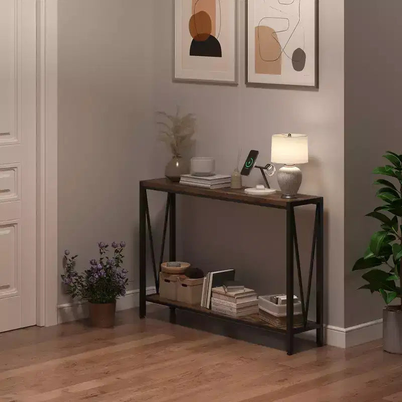 Mesa auxiliar de sofá estrecha de 2 niveles, mueble de entrada premium, 109 x 25 x 76 cm (gris)