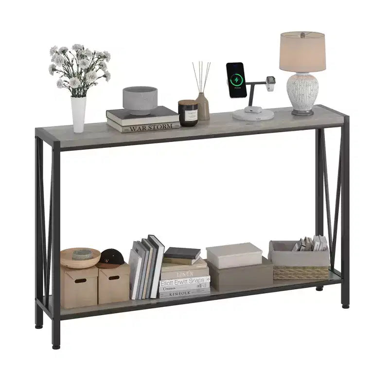 2-Tier Narrow Console Sofa Side Table, Premium Entryway Furniture, 42.9 x 9.8 x 29.9 (Gray )