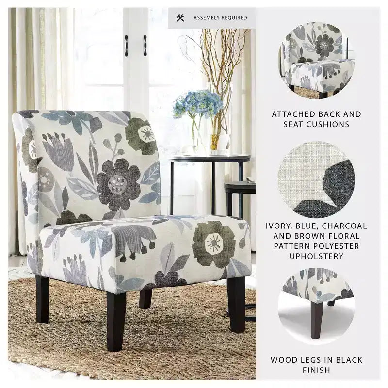 Accent Chair, Armless, Floral Pattern Upholstery, Ivory/Blue/Charcoal/Brown