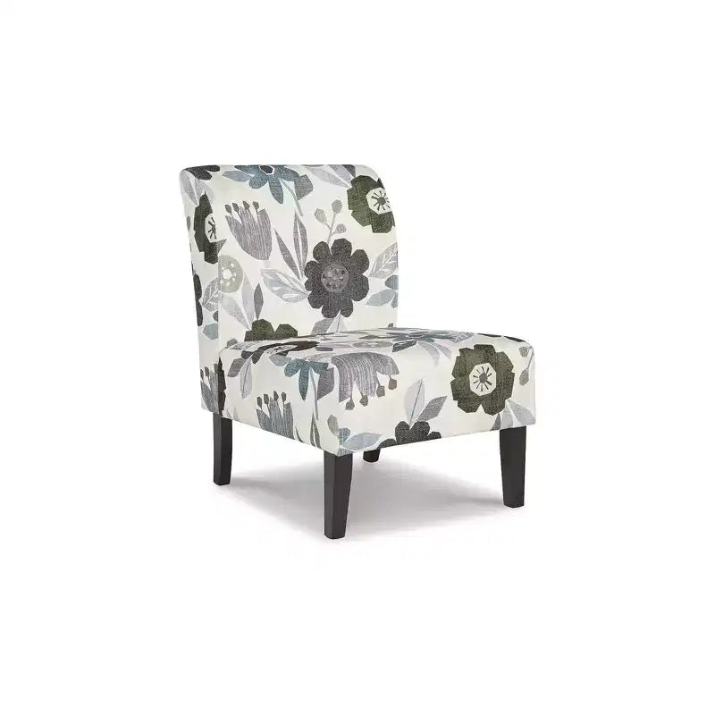 Accent Chair, Armless, Floral Pattern Upholstery, Ivory/Blue/Charcoal/Brown