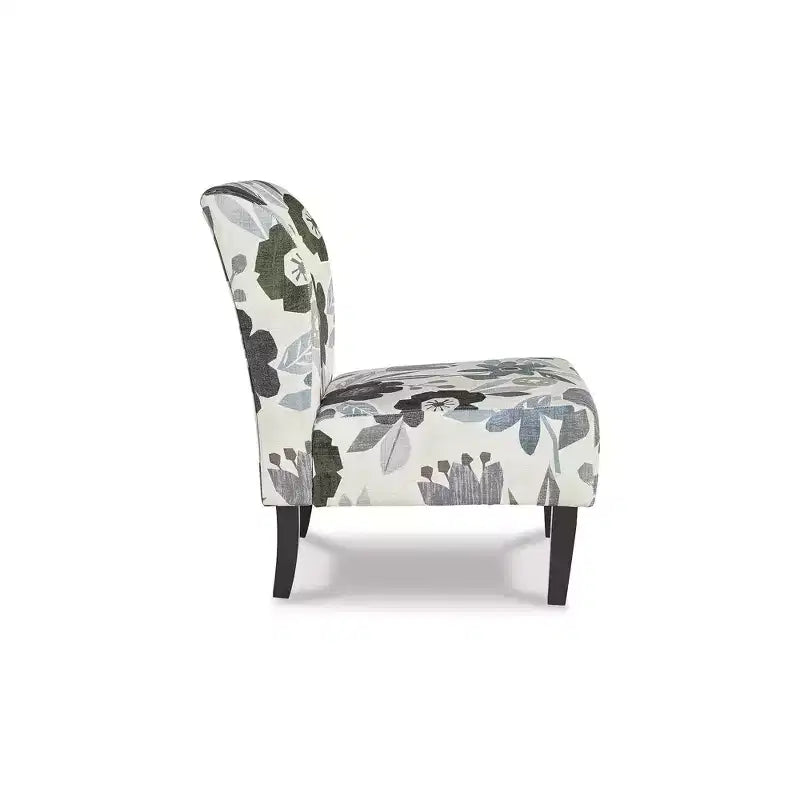 Accent Chair, Armless, Floral Pattern Upholstery, Ivory/Blue/Charcoal/Brown